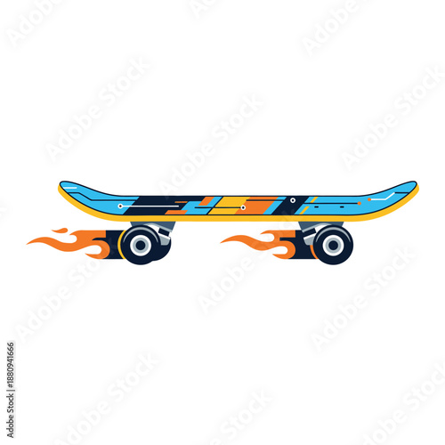 Stylized skateboard in side view with flame elements, flat illustration isolated on white background.