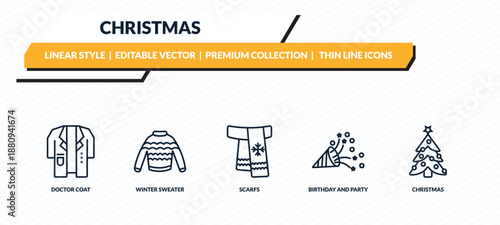 christmas icons set - doctor coat, winter sweater, scarfs, birthday and party, christmas outline vector collection.