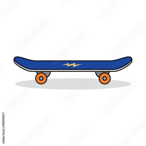 Modern flat skateboard illustration in side view with simple colors, isolated on white background.