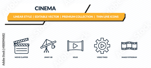 cinema icons set - movie clapper, jimmy jib, solid, video tings, image fotogram outline vector collection.