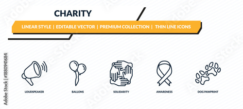 charity icons set - loudspeaker, ballons, solidarity, awareness, dog pawprint outline vector collection.