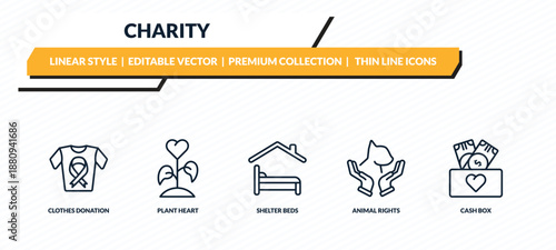 charity icons set - clothes donation, plant heart, shelter beds, animal rights, cash box outline vector collection.