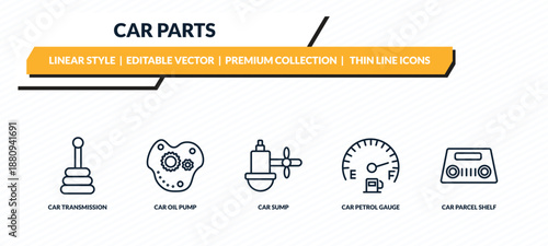 car parts icons set - car transmission, car oil pump, sump, petrol gauge, parcel shelf outline vector collection.