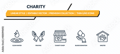 charity icons set - clean water, praying, charity shop, blood donation, shelter outline vector collection.