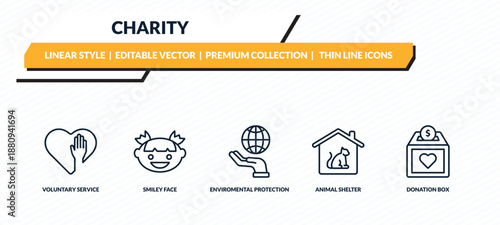 charity icons set - voluntary service, smiley face, enviromental protection, animal shelter, donation box outline vector collection.