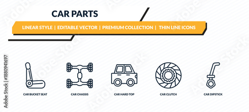 car parts icons set - car bucket seat, car chassis, hard top, clutch, dipstick outline vector collection.