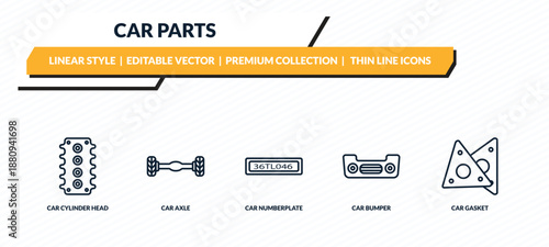 car parts icons set - car cylinder head, car axle, numberplate, bumper, gasket outline vector collection.