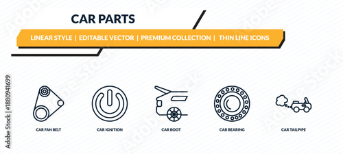 car parts icons set - car fan belt, car ignition, boot, bearing, tailpipe outline vector collection.