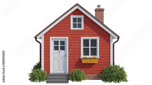 A 3D illustration of a small red house with white trim against a white background (2)_traced