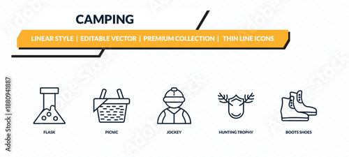 camping icons set - flask, picnic, jockey, hunting trophy, boots shoes outline vector collection.