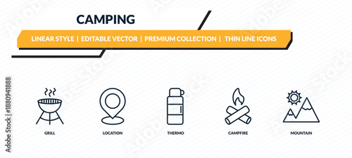 camping icons set - grill, location, thermo, campfire, mountain outline vector collection.