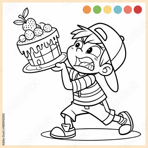 Greedy Boy Refusing to Share Cake – Coloring Book Illustration
