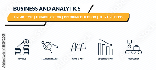business and analytics icons set - revenue, market research, wave chart, depleting chart, production outline vector collection.