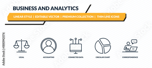 business and analytics icons set - legal, accounting, connected data, circular chart, correspondence outline vector collection.