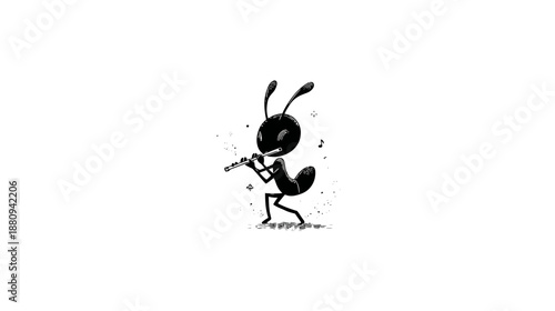 Whimsical black and white illustration of a cartoon ant playing a small flute, emitting musical notes. Creative insect musician character.