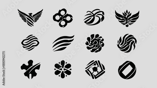 Abstract graphic design elements collection. Set of modern black and white vector logos and decorative shapes for branding projects.