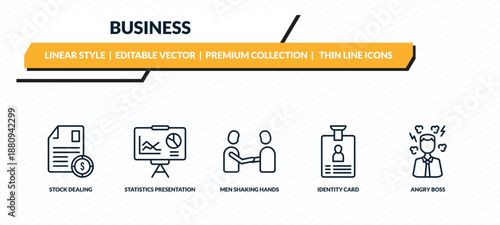 business icons set - stock dealing, statistics presentation, men shaking hands, identity card, angry boss outline vector collection.