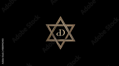 Shining Golden Star of David with Intricate Letter D Design on a Deep Black Background, Spiritual and Mystical Symbolism