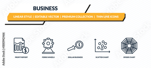business icons set - profit report, ferris wheels, dollar business search, scatter chart, spider chart outline vector collection.