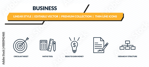 business icons set - circular target, maths tool, ideas to earn money, , hierarchy structure outline vector collection.