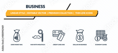 business icons set - euro money bag, man with moustach, credit card and ticket, dollar on business time, economy games outline vector collection.