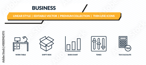 business icons set - work table, empty box, bars chart, tones, tax calculate outline vector collection.