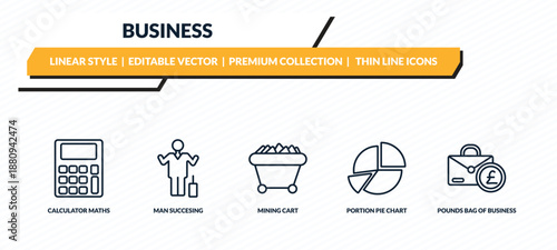 business icons set - calculator maths tool, man succesing, mining cart, portion pie chart, pounds bag of business outline vector collection.