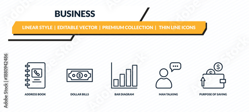 business icons set - address book, dollar bills, bar diagram, man talking, purpose of saving money outline vector collection.