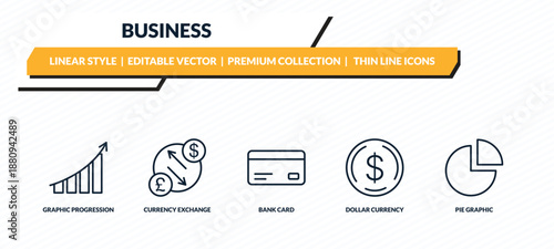 business icons set - graphic progression, currency exchange, bank card, dollar currency, pie graphic outline vector collection.