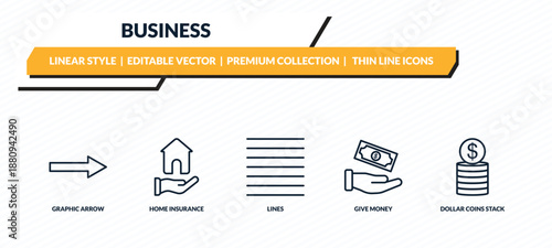 business icons set - graphic arrow, home insurance, lines, give money, dollar coins stack outline vector collection.
