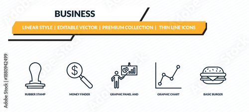 business icons set - rubber stamp, money finder, graphic panel and man, graphic chart, basic burger outline vector collection.