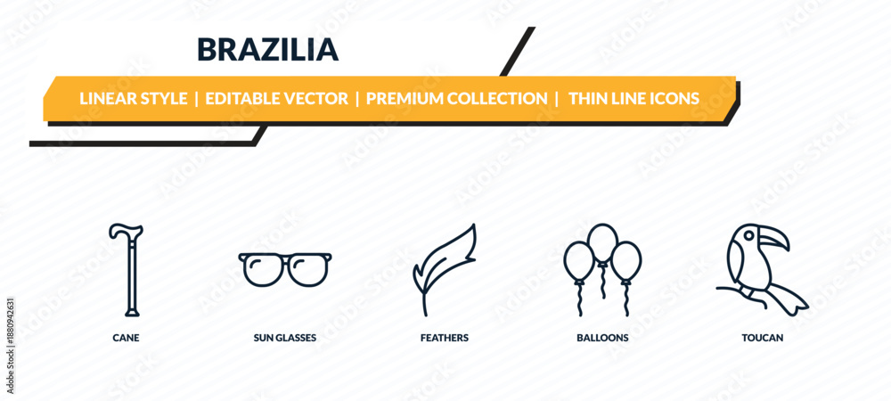 Fototapeta premium brazilia icons set - cane, sun glasses, feathers, balloons, toucan outline vector collection.