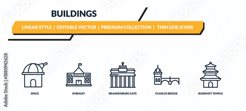 buildings icons set - space, embassy, brandenburg gate, charles bridge, buddhist temple outline vector collection.