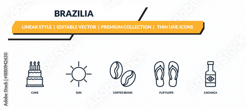 brazilia icons set - cake, sun, coffee beans, flip flops, cachaca outline vector collection.