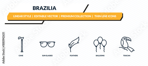 brazilia icons set - cane, sun glasses, feathers, balloons, toucan outline vector collection.