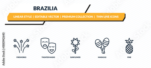 brazilia icons set - fireworks, theater masks, sunflower, maracas, pine outline vector collection.
