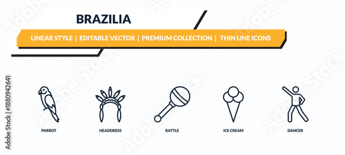 brazilia icons set - parrot, headdress, rattle, ice cream, dancer outline vector collection.