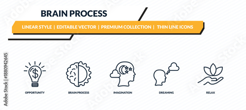 brain process icons set - opportunity, brain process, imagination, dreaming, relax outline vector collection.
