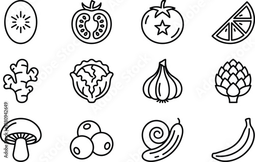 Black and White Line Icons of Fruits and Vegetables for Nutrition, Health, Culinary Education, and Food Design Concepts