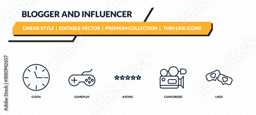 blogger and influencer icons set - clock, gameplay, rating, camcorder, likes outline vector collection.