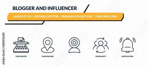 blogger and influencer icons set - copywriter, placeholder, , community, notification outline vector collection.