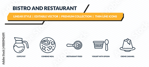 bistro and restaurant icons set - coffe pot, combine meal, restaurant fried egg, yogurt with spoon, creme caramel outline vector collection.