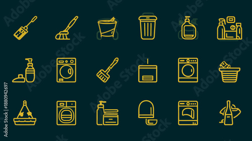 Household Cleaning and Laundry Service Outline Icons Set. Daily Chores, Hygiene, and Sanitation Related Vector Symbols.
