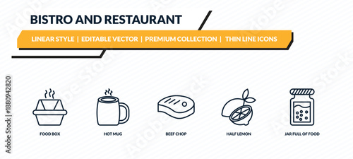 bistro and restaurant icons set - food box, hot mug, beef chop, half lemon, jar full of food outline vector collection.