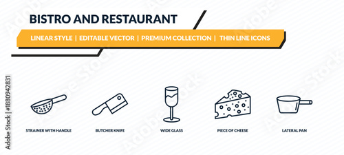 bistro and restaurant icons set - strainer with handle, butcher knife, wide glass, piece of cheese, lateral pan outline vector collection.