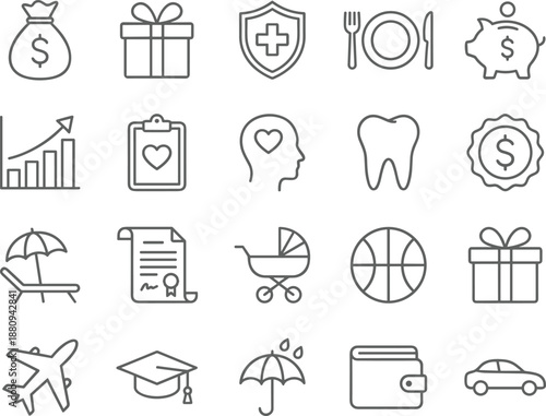 Black and White Line Icons Representing Finance, Health, Travel, Education, and Lifestyle Concepts for Infographics and Digital Interfaces