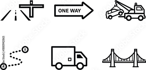 black and white line icons of road signs and vehicles on transparent background