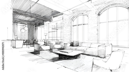 Hand-drawn architectural sketch of a stylish modern loft interior with an open-plan living room, large windows, and contemporary furniture.