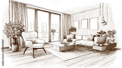 Architectural sketch of a contemporary living room interior design. Modern furniture, large windows, and stylish decor. Hand-drawn illustration.