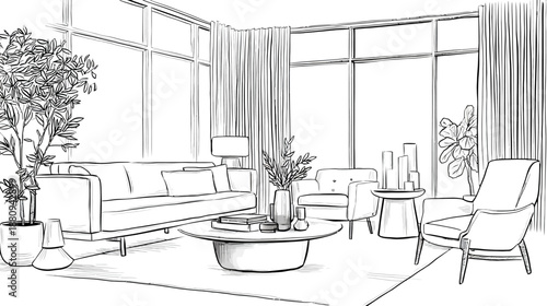 Modern living room interior line art sketch. Contemporary furniture, large windows, minimalist home design illustration.